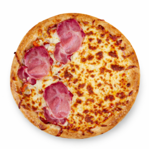 Pizza 33 cm – pol na pol Ilustračná fotografia – ukážka rozdelenia pizze na ľavú a pravú stranu. Zloženie pizze sa môže líšiť podľa výberu zákazníka.